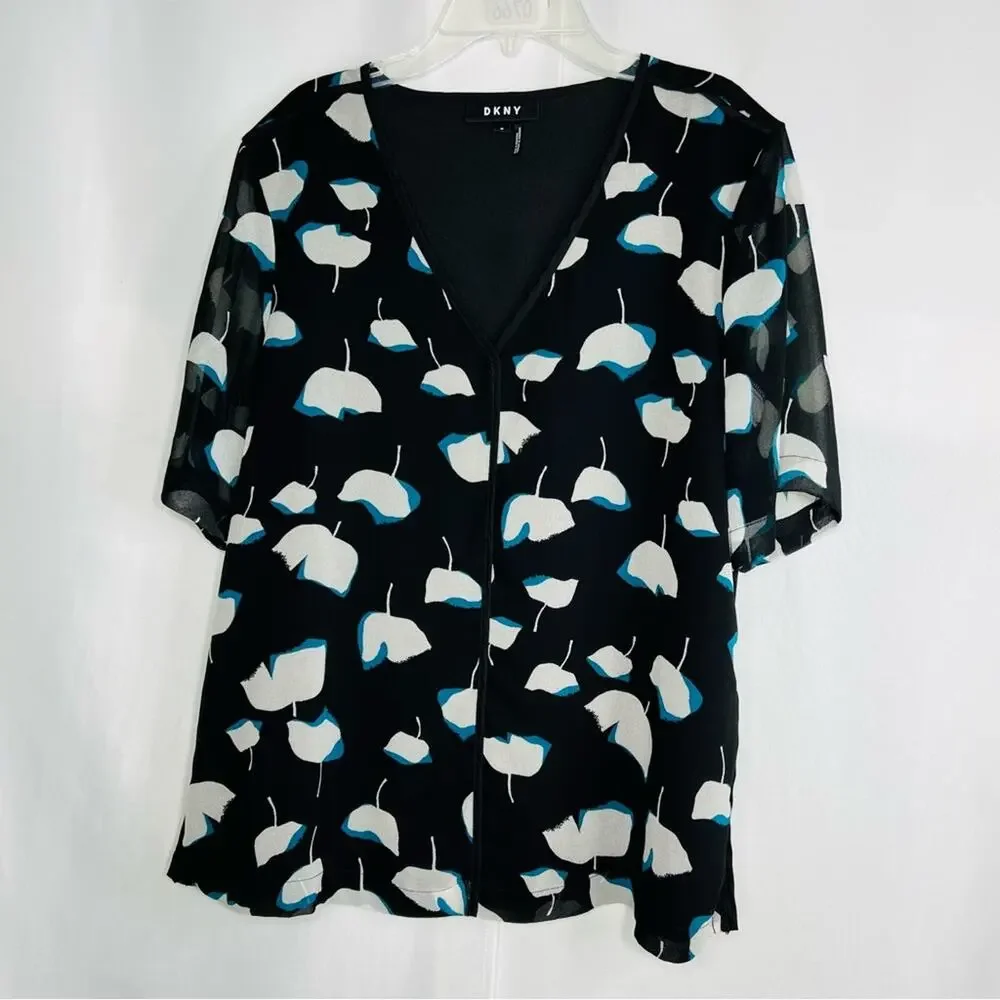 DKNY Floral Print V-Neck Elbow Sleeve L